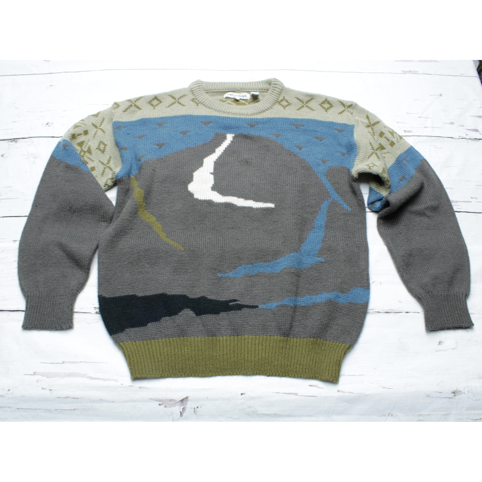Saturdays Mens Vintage Landscape Intarsia Knit Sweater Grey Blue Large